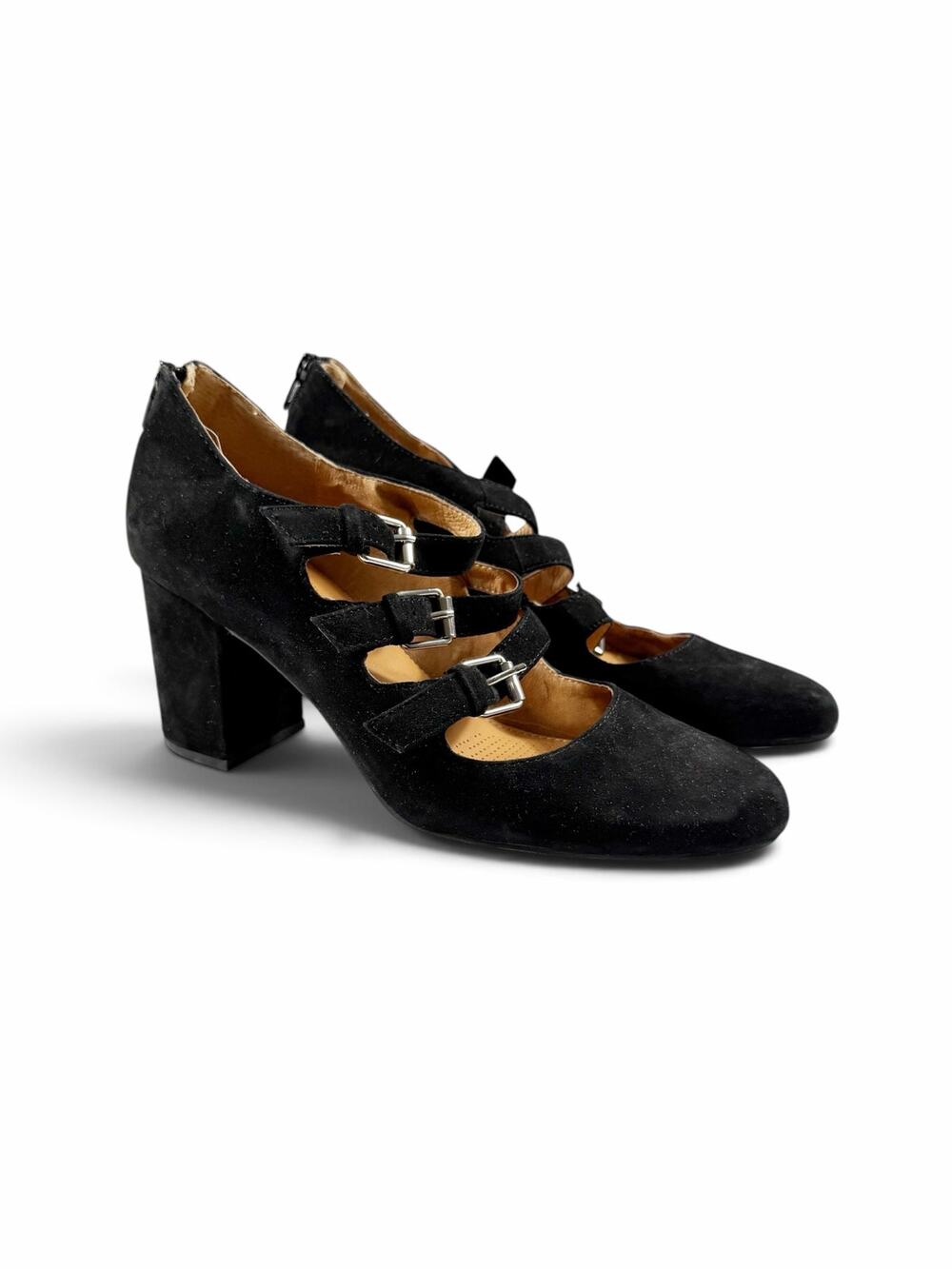 Corso Como Triple Buckle Mary Jane Pumps Black Suede Block Heel 9.5